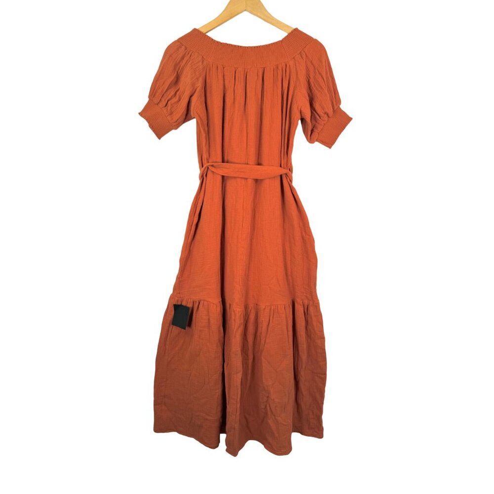 Lulus Rust Orange Off shoulder gauzy tiered midi dress sz M‎ - Picture 5 of 11
